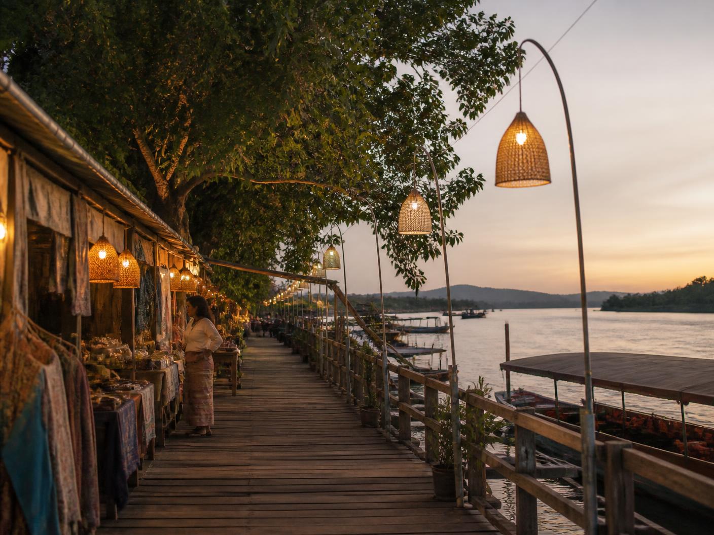 ทางเดินไม้ริมน้ำและร้านค้าตลาดที่ท่าเรือเภตราภิรมย์ยามเย็น
