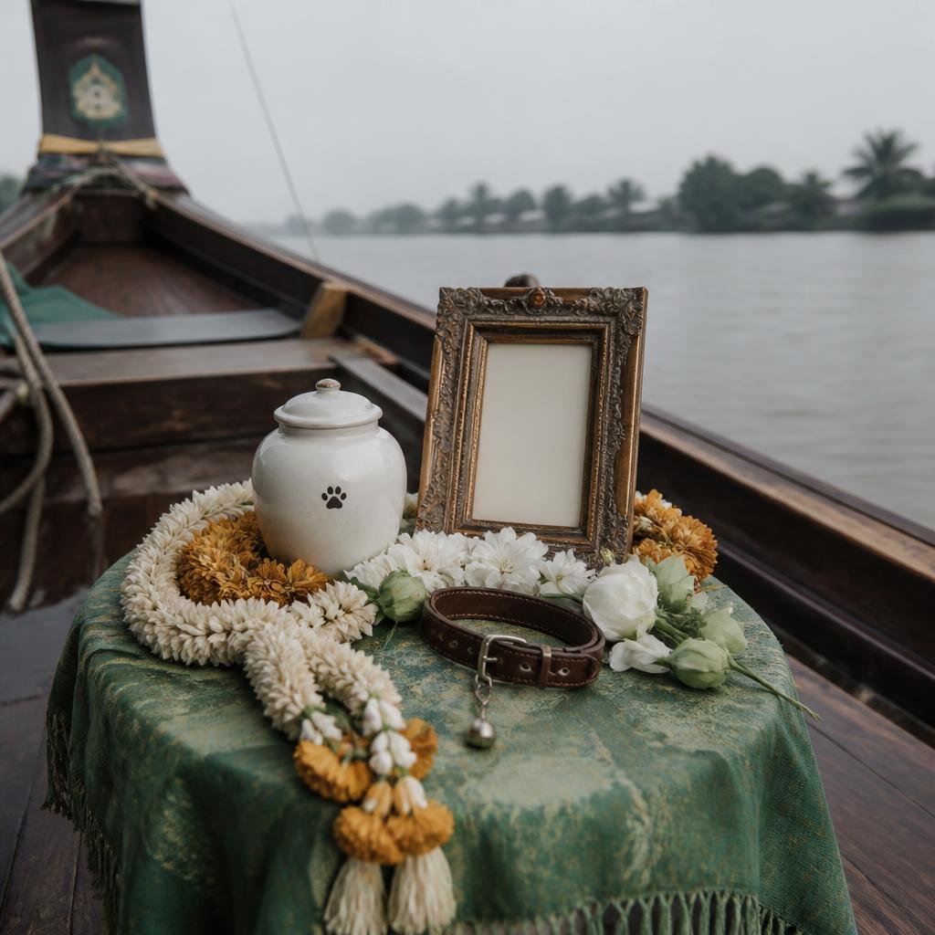พิธีลอยอังคารสำหรับสัตว์เลี้ยงบนเรือเล็ก หน้าวัดหลวงพ่อโสธร